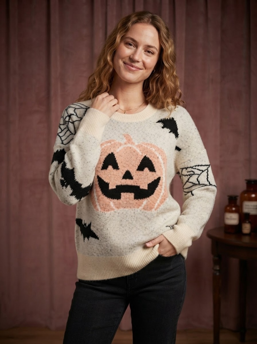 BiBi Cream Crewneck Sweater with Pink Pumpkin & Black Halloween Motifs